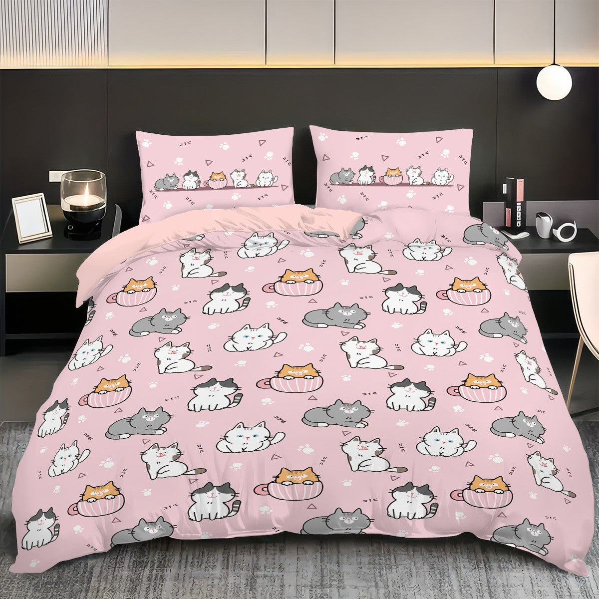 3pcs (1 duvet cover, 2 pillowcases, coreless), pink cute cartoon cat element printed bedding set, soft and comfortable