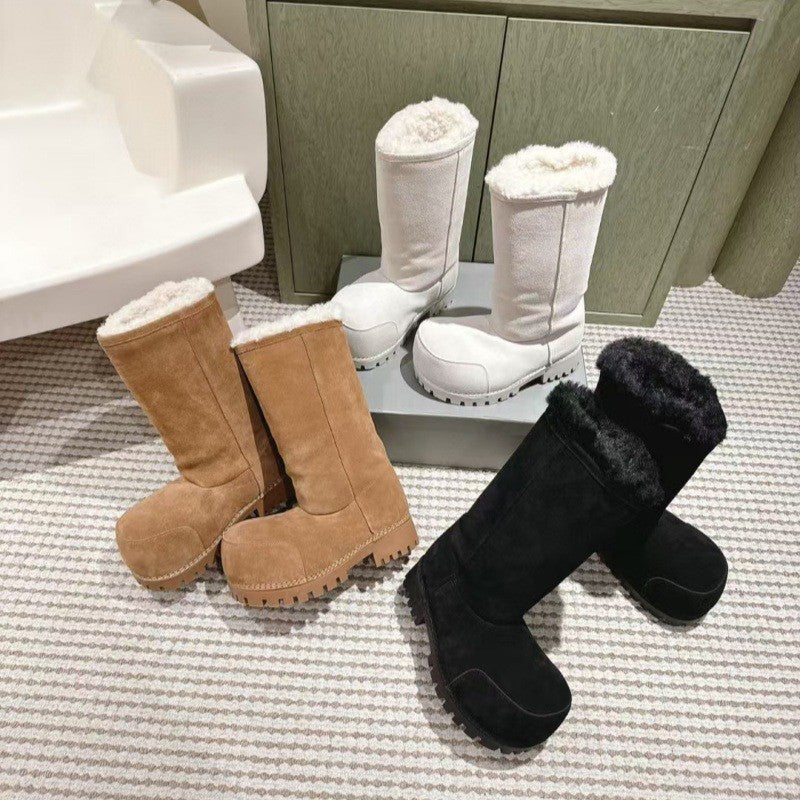 Fashionable Snow Boots Platform Elevating Warm Cotton Shoes Warm Big Head Design Long Boots Ladies All-over Brown Long Boots