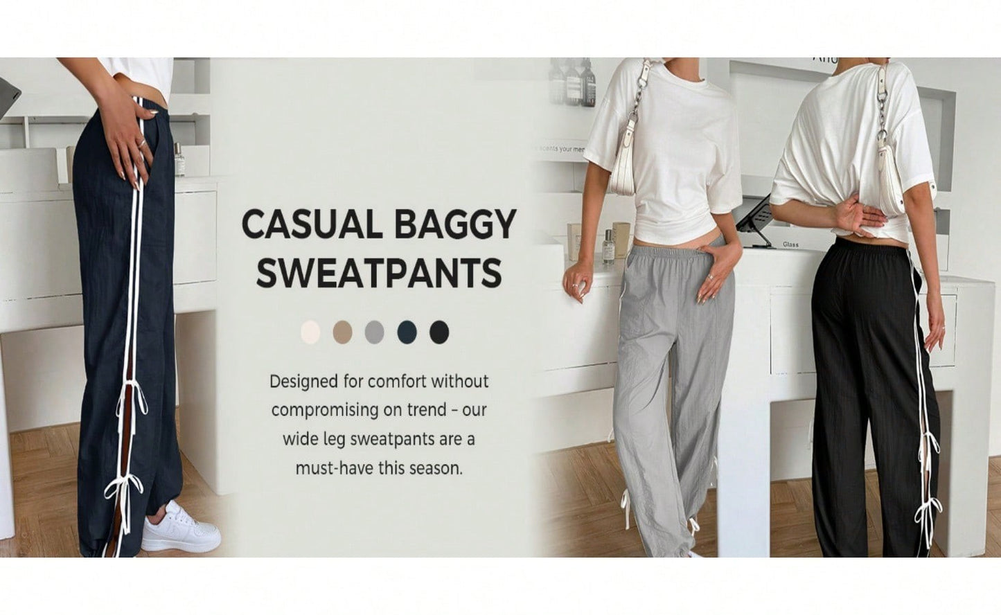 Fisoew Womens Wide Leg Track Pants Casual Elastic Waist Bow Tie Y2K Baggy Sweatpants with Pockets