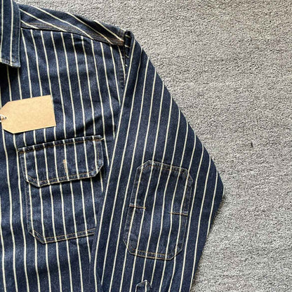 Spring New American Retro Heavyweight Denim Cargo Striped Shirt Men's Simple 100% Cotton Washed Old Casual Blouses Thin Jacket