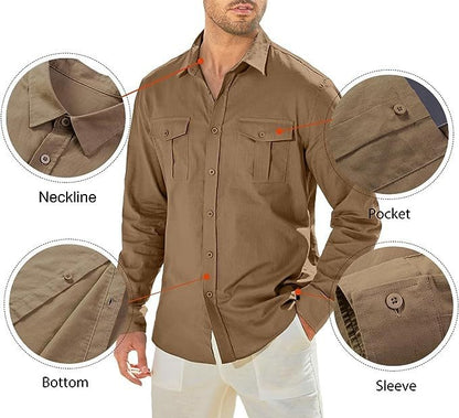 Business Men's Single-breasted Shirt Double Pocket Cotton Linen Long-sleeved Shirt Casual Vacation Shirt