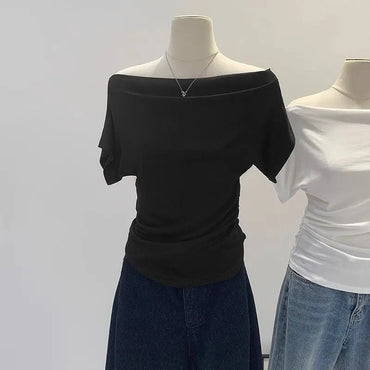 Ultra-Hand Feel Modal Cotton Short Sleeve T-Shirt Women Summer Design Slim Fit Shoulder Baring Fashionable Top