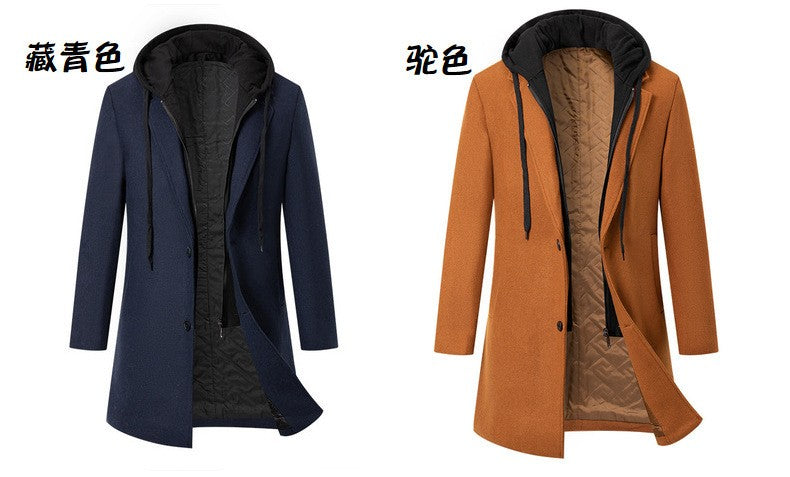 Men's Thickened Fake Two-Piece Wool Blend Overcoat, Hooded Long Coat Man, Autumn Winter Solid Color Slim Windbreaker Men