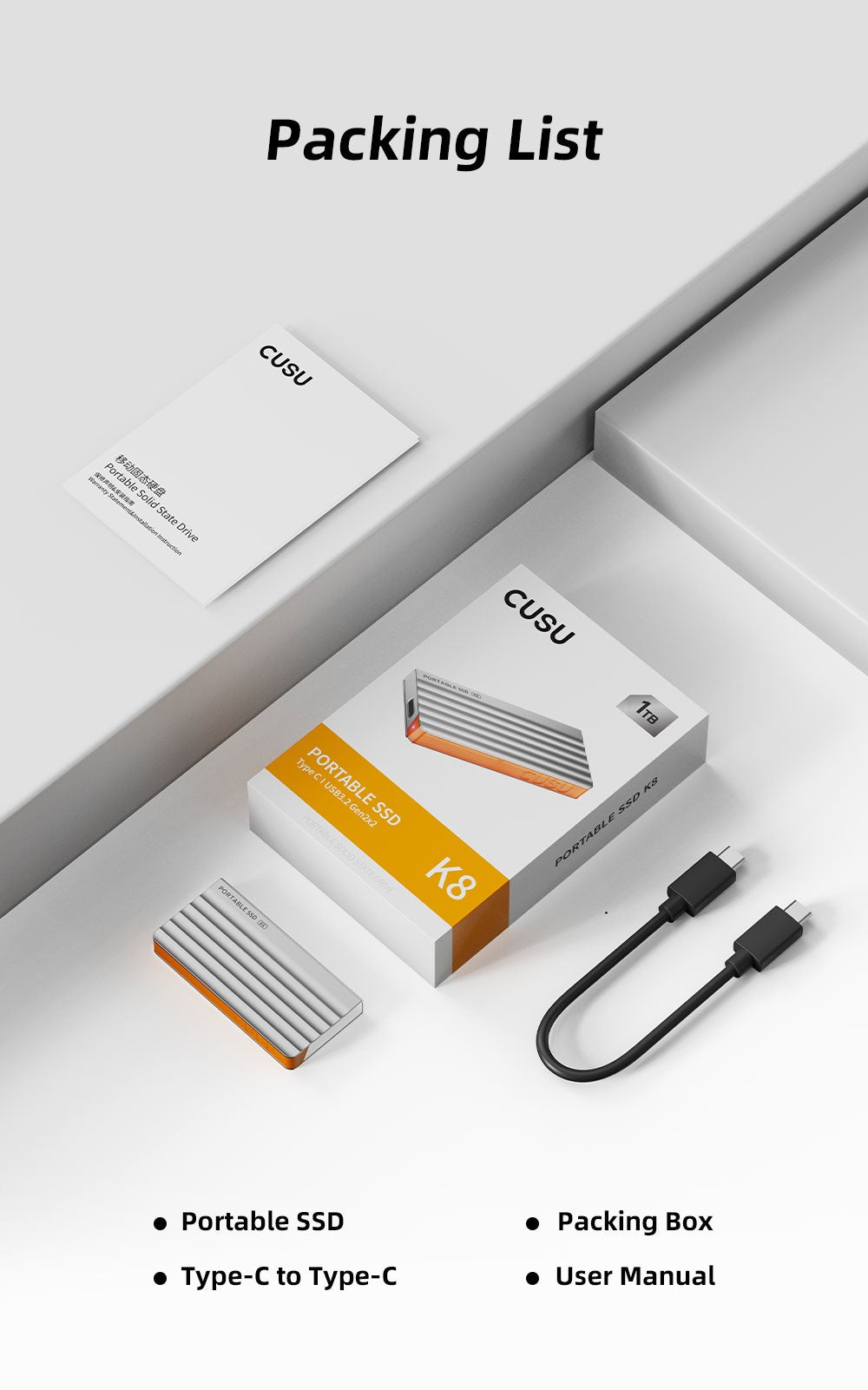 CUSU 1TB External SSD Drive 512GB Portable SSD 256GB 2TB Solid State Drive Type-C for Phone Laptop