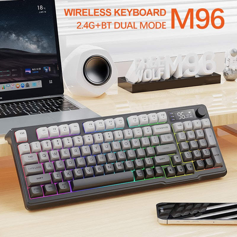 Teclado Gamer Sem Fio M96 Bluetooth FREEWOLF com Tela, Tela Eletrônica, Conexão Multi-Dispositivo, Ergonomia Gamer