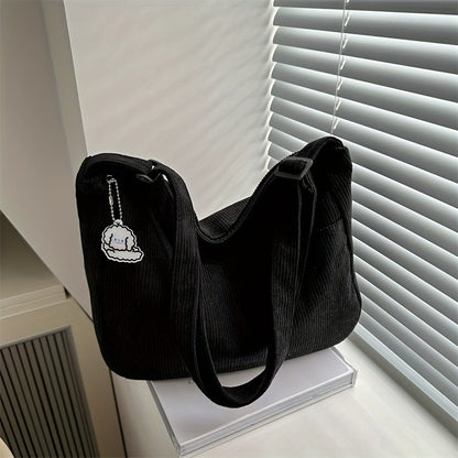 Women’s Corduroy Shoulder Bag Casual Striped Large Capacity Tote with Zipper Closure, Cute Hat Patch, Perfect for Everyday Use