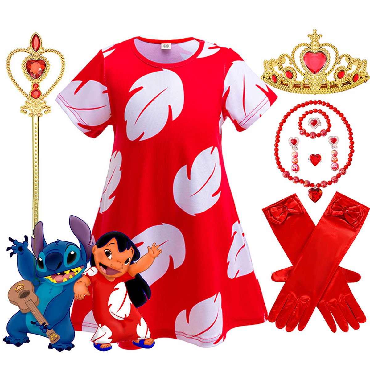 Disney Lilo Costume Girl Cosplay Red Dress Short Sleeve Pajamas Hawaiian Printed Dress Summer Beach Outfit + Stitch Doll Set