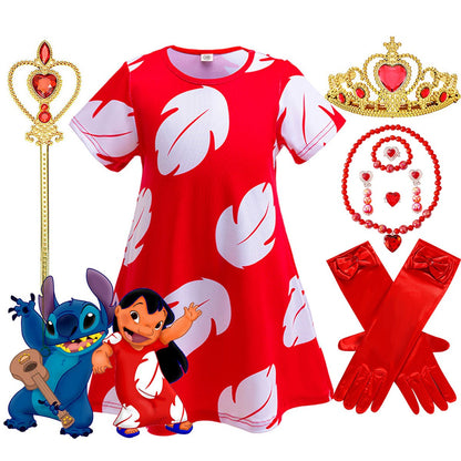 Disney Lilo Costume Girl Cosplay Red Dress Short Sleeve Pajamas Hawaiian Printed Dress Summer Beach Outfit + Stitch Doll Set