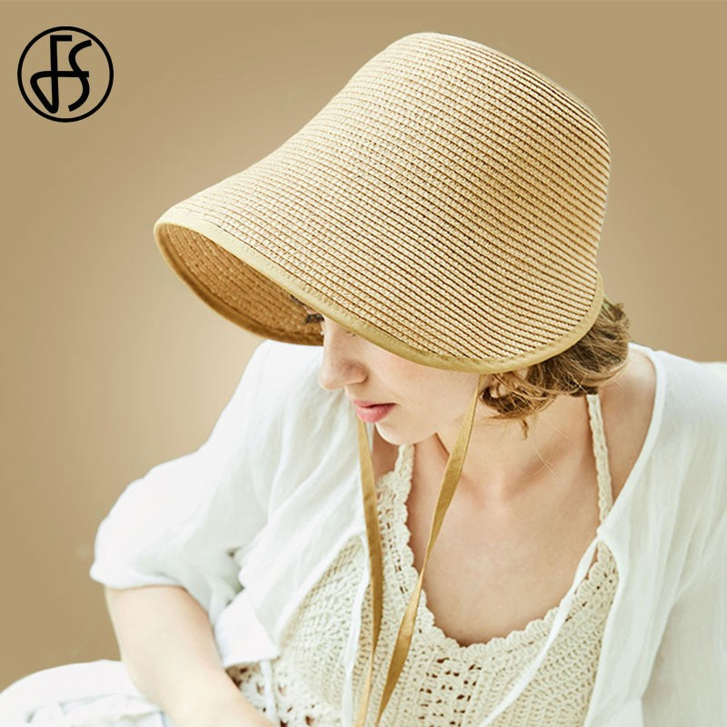 Chapéus de Sol de Festa Femininos FS Fashion Straw Regency Bonnets Hats para Mulheres Chapéu de Praia com Laço e Aba Grande Chapéu Cloche Fedora Chapeau Femme