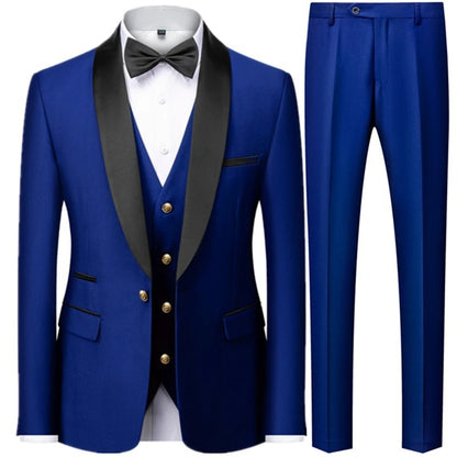 3 Pieces Set Men's Business Blazers Coat / Male Slim Fit Color Matching Collar Suit Tuxedo Leisure Jacket Pants Vest Wedding