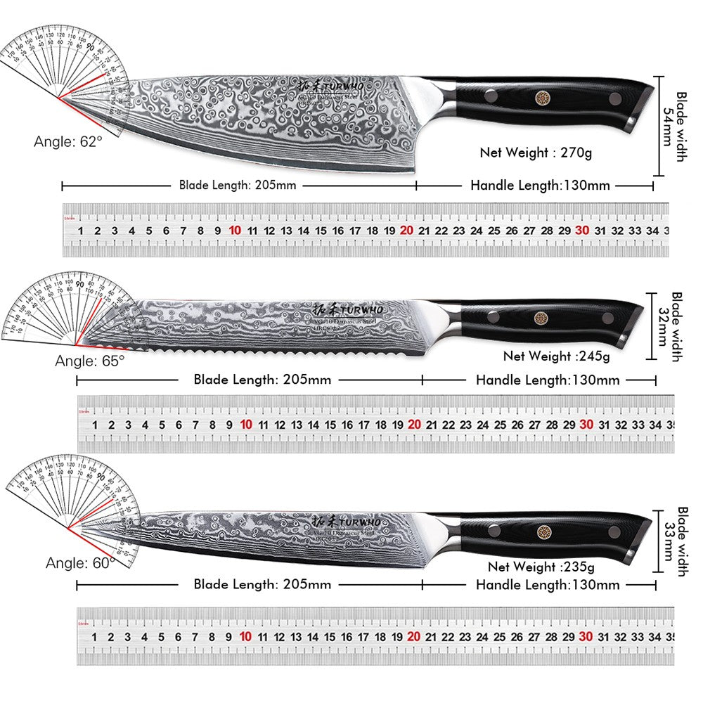 Conjunto de Facas TURWHO 1-6 Peças Aço Damasco 67 Camadas Facas de Cozinha Santoku Faca de Chef Faca Multiuso Para Pão Ferramentas de Cozinha