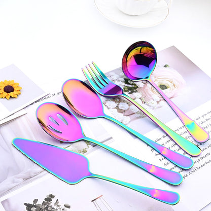 Drmfiy Conjunto de Talheres Pretos de 5/7 Peças para Servir, Utensílios de Jantar, Buffet, Talheres para Catering, Conjunto de Escumadeiras, Colheres, Garfos, Talheres de Prata