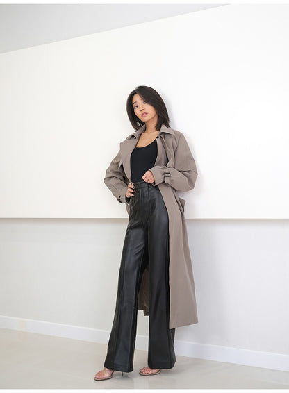 Lautaro Spring Autumn Long Black Soft Pu Leather Pants Women with Zipper High Waist Casual Elegant Straight Leg Trousers 2022