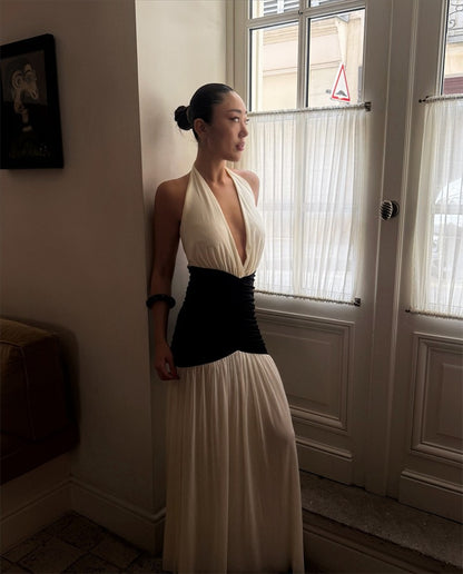 Mozision Patchwork Halter Backless Sexy Maxi Dress Women Gown Elegant Deep V Neck Sleeveless High Waist Bodycon Club Party Dress