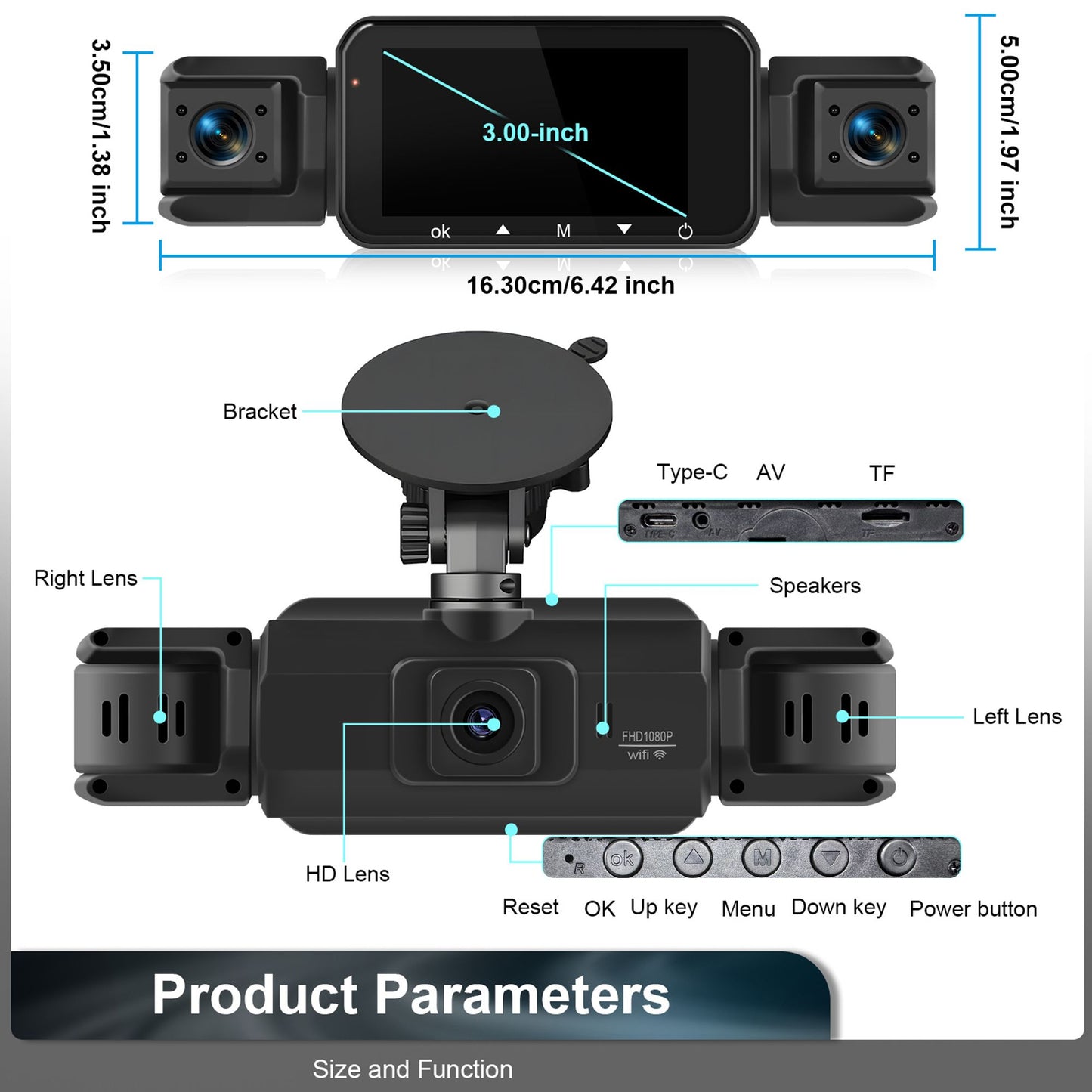 Câmera automotiva (Dashcam) 4 canais Black Box WiFi Câmera de condução FHD 1080P Visão Noturna Gravação em Loop adiciona kit de fiação acessórios automotivos