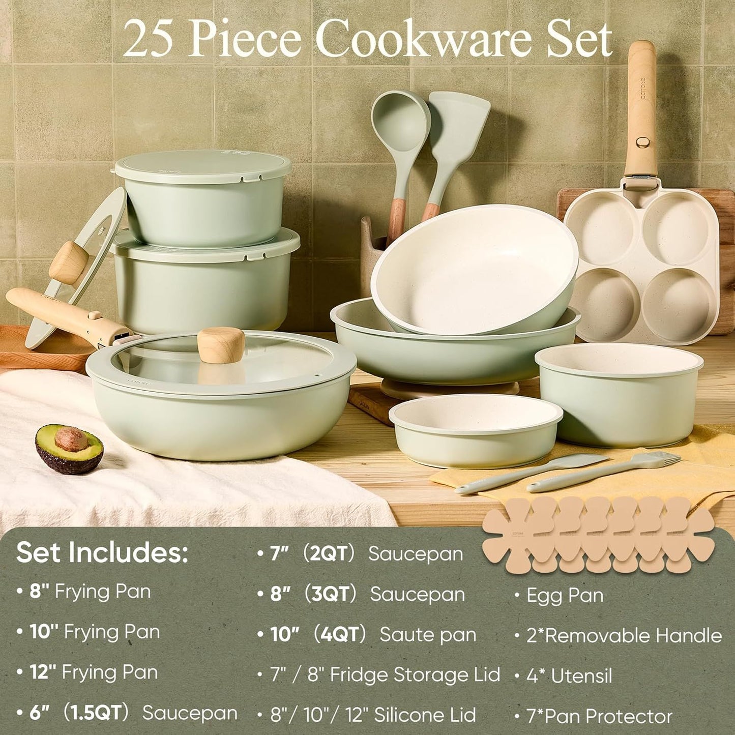 Conjunto de Panelas de 25 Peças Antiaderente, Conjunto de Utensílios de Cozinha, Conjunto de Cozinha, Seguro para Forno/Lava-louças/Geladeira, Conjunto de Panelas que Economiza Espaço, Conjunto Antiaderente