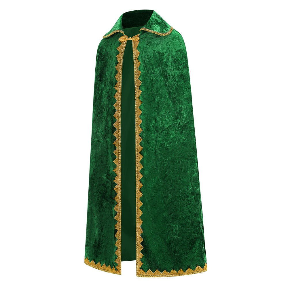 Medieval Royal Long Cape with Golden Lace Trim Floor Length Cloak Adult Men Women King Queen Halloween Cosplay Themed Party Cos
