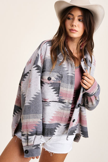 Vintage Jacket Women Splicing Loose Jacket Denim Print Aztec Retro Ethnic Style Long Sleeved Shirt Streetwear Female Goth Coat