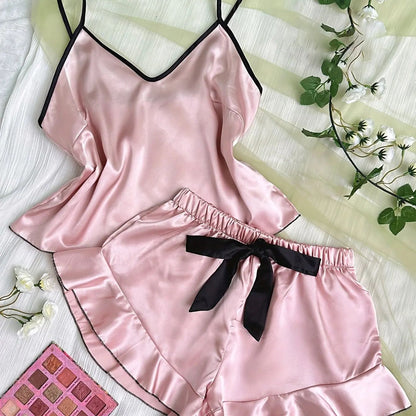 Women's Smooth Satin Pajamas V-Neck Top Ruffled Edges and Bow Shorts Simple and Breathable Pajama Set Sling Home Clothing