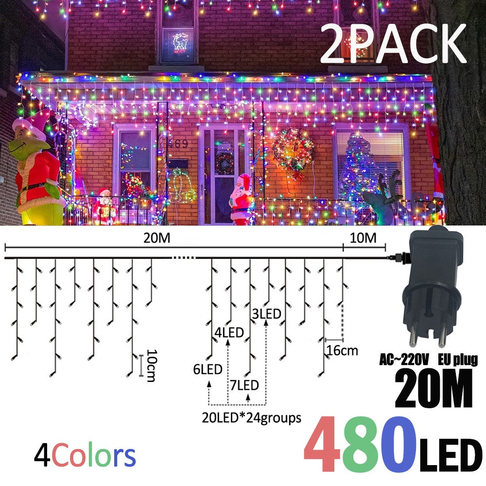 LED Christmas Icicle Curtain String Lights 20M+10M 480LED Extens 8Modes, Plug in Waterproof for Wedding Party Home Garden