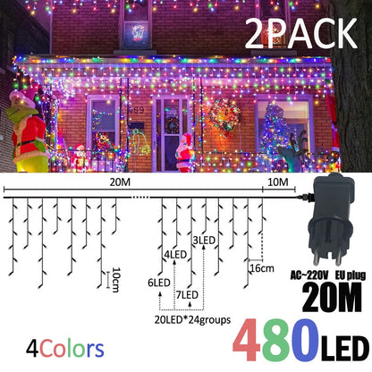 LED Christmas Icicle Curtain String Lights 20M+10M 480LED Extens 8Modes, Plug in Waterproof for Wedding Party Home Garden