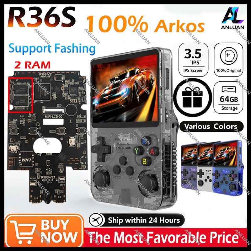 Genuine R36S Retro Handheld Game Player Open Source ARKOS System 3.5" IPS Screen 64/128GB Emulator Hall Effect Wireless Gamepad