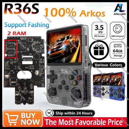 Genuine R36S Retro Handheld Game Player Open Source ARKOS System 3.5" IPS Screen 64/128GB Emulator Hall Effect Wireless Gamepad
