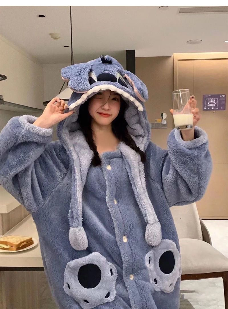 Disney Stitch Winter Pajamas Cartoon Autumn And Winter Cute Coral Thickened Velvet Long Home Clothes Pajamas Girls Home Clothes