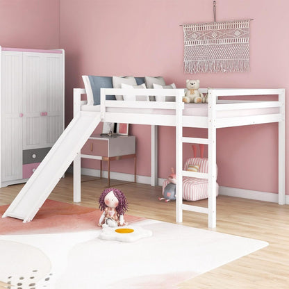 Cama Loft Completa com Escorregador, Cama Loft Baixa com Escada e Grade de Segurança, Estrutura de Cama Loft Completa de Madeira para Crianças, Adolescentes, Meninas e Meninos