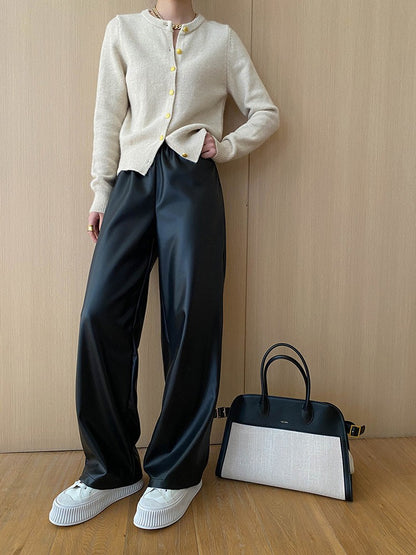 High Elastic Waist Coffee Pu Leather Long Wide Leg Pants New Trousers Women Fashion Tide Spring Autumn