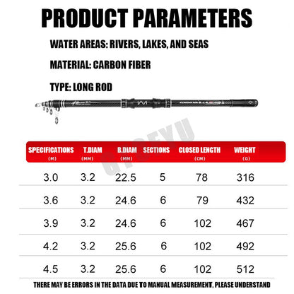 Cana de Pesca Telescópica de Carbono Portátil de 3,0M-4,5M, Vara de Pesca Giratória para Barco, Água Salgada, Água Doce, Surfcasting, Baitcasting