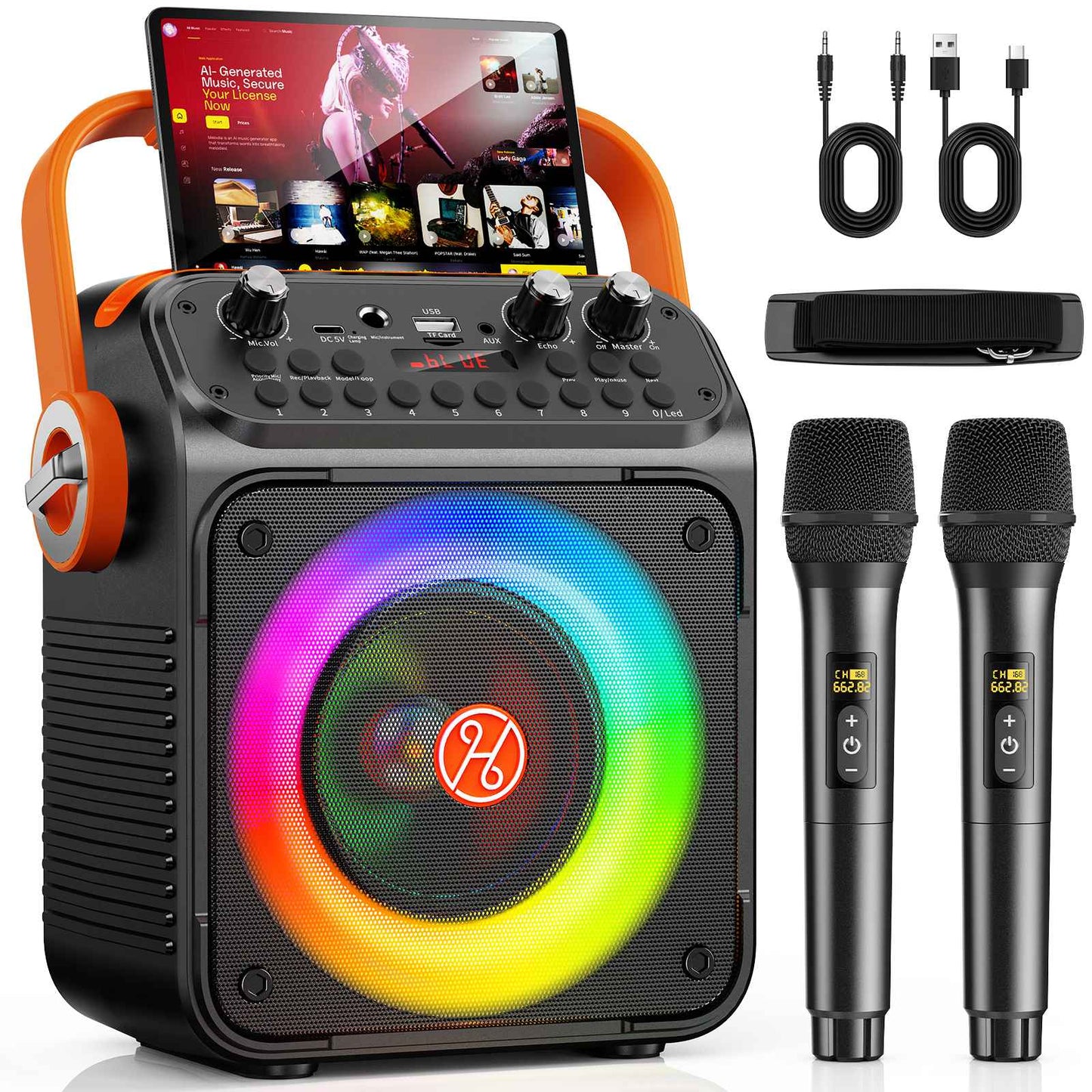 Caixa de Som Karaokê Bluetooth de Alta Potência T35, Luz Rítmica Musical, Som Estéreo Surround 360 Graus, Subwoofer Sem Fio com Microfone Duplo