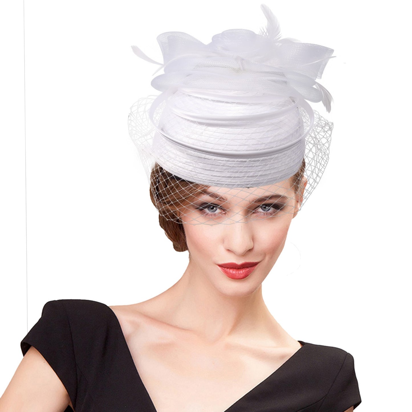FS Casamento Igreja Chapéus Vermelhos Fascinadores Para Mulheres Com Véu de Pena Festa Coquetel Adorno de Cabeça 2025 Senhora Elegante Chapéu Kentucky Derby