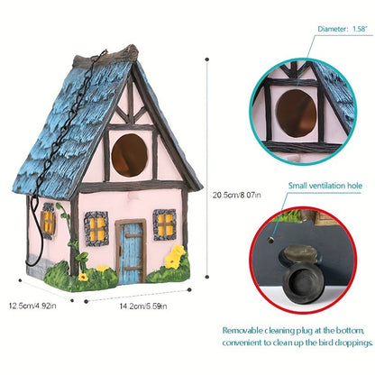 Casa de Pássaro Rústica para Jardim, Resina ABS Durável com Telhado de Madeira. Ideal para Observação de Pássaros e Decoração Externa. Não Precisa de Bateria.