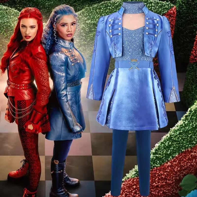 Movie Descendants 5 Dark Fantasy Cosplay Chloe Blue Princess Queen of Hearts Costume Girls Halloween Performance Outfit