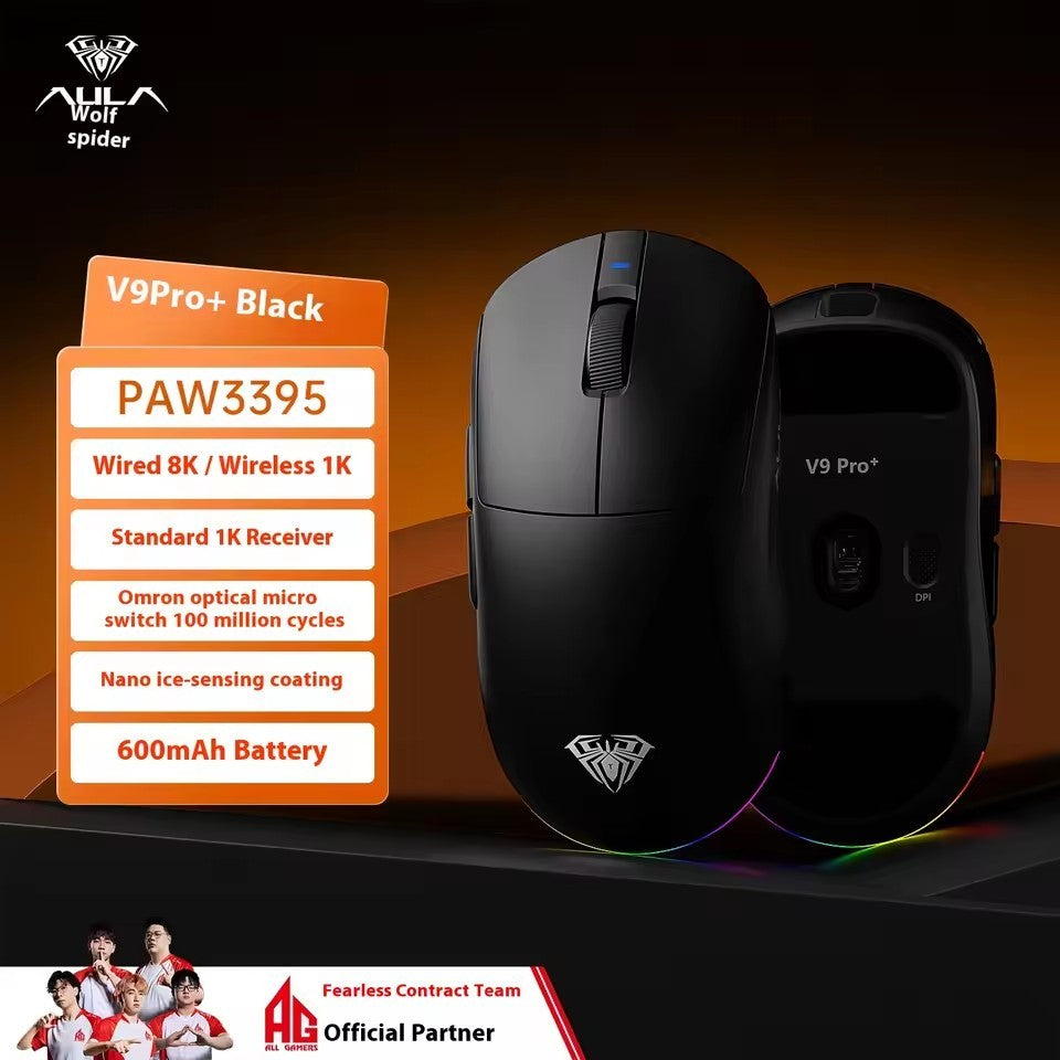 Mouse Gamer sem Fio Aula V9 Ultra E-sports Duplo 8k 3 modos PAW 3950 8k 55g Leve Ergonômico Acessório Personalizado para PC