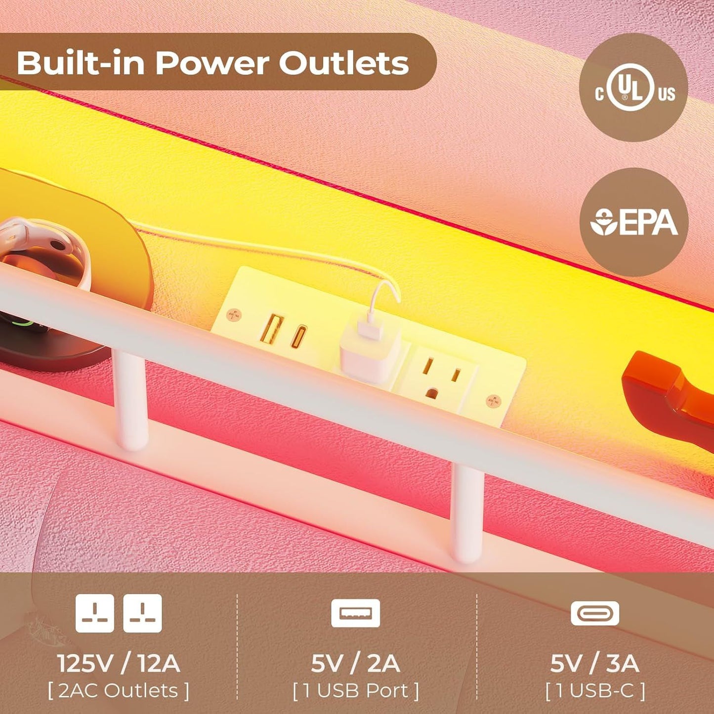 Cama de Solteiro com Estrutura de LED, Cama Plataforma Estofada em Veludo Princesa para Meninas, Cabeceira com Estação de Carregamento
