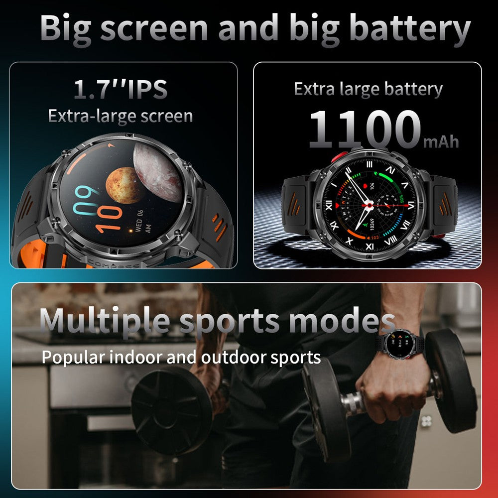 Relógio Inteligente Militar para Homens, Bateria de 1100mAh, Bússola, Monitor de Fitness, Tela AMOLED HD, Chamada BT, Smartwatch para Android IOS