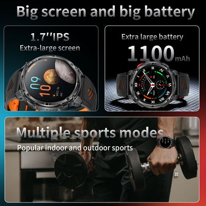 Relógio Inteligente Militar para Homens, Bateria de 1100mAh, Bússola, Monitor de Fitness, Tela AMOLED HD, Chamada BT, Smartwatch para Android IOS