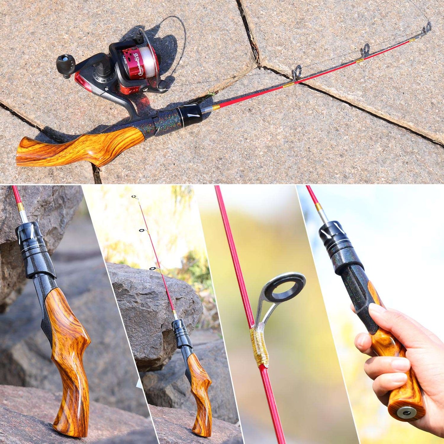 Vara de Pesca no Gelo Sougayilang 2 Seções de Fibra de Carbono Alta Vara de Gelo com Potência Duas Pontas de Vara Arrasto Máx. 8Kg Pesca no Gelo
