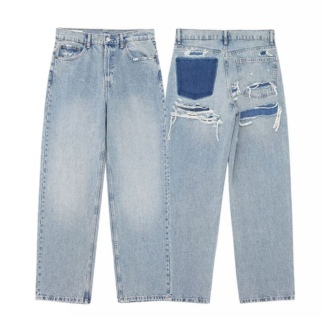 HH 2024 Women's Street Fashion Denim Blue Jeans Distressed Patchwork High Waist Zipper Fly Ripped Retro Long Pants