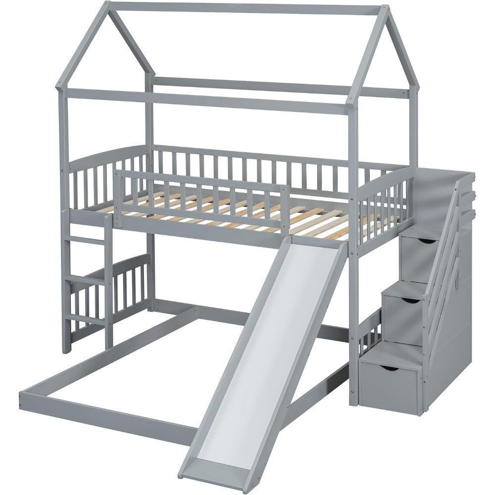 House Bunk Bed with Slide and Stairs, Twin Over Full Bunk Bed with Storage and Steps, Wood Playhouse Bunk Bed for Kids