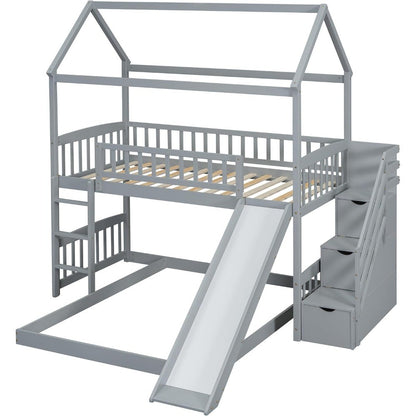House Bunk Bed with Slide and Stairs, Twin Over Full Bunk Bed with Storage and Steps, Wood Playhouse Bunk Bed for Kids