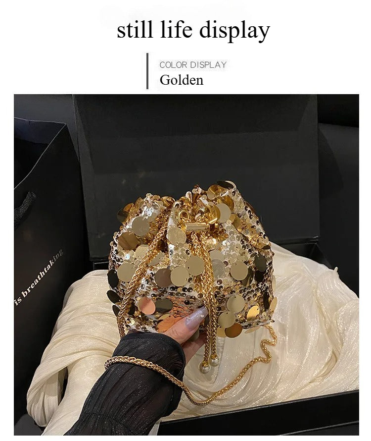 Sequin Chain Women's Portable Bucket Shoulder Bags Retro Ladies Dinner Party Clutch Purse Luxury Design Female Crossbody Bag