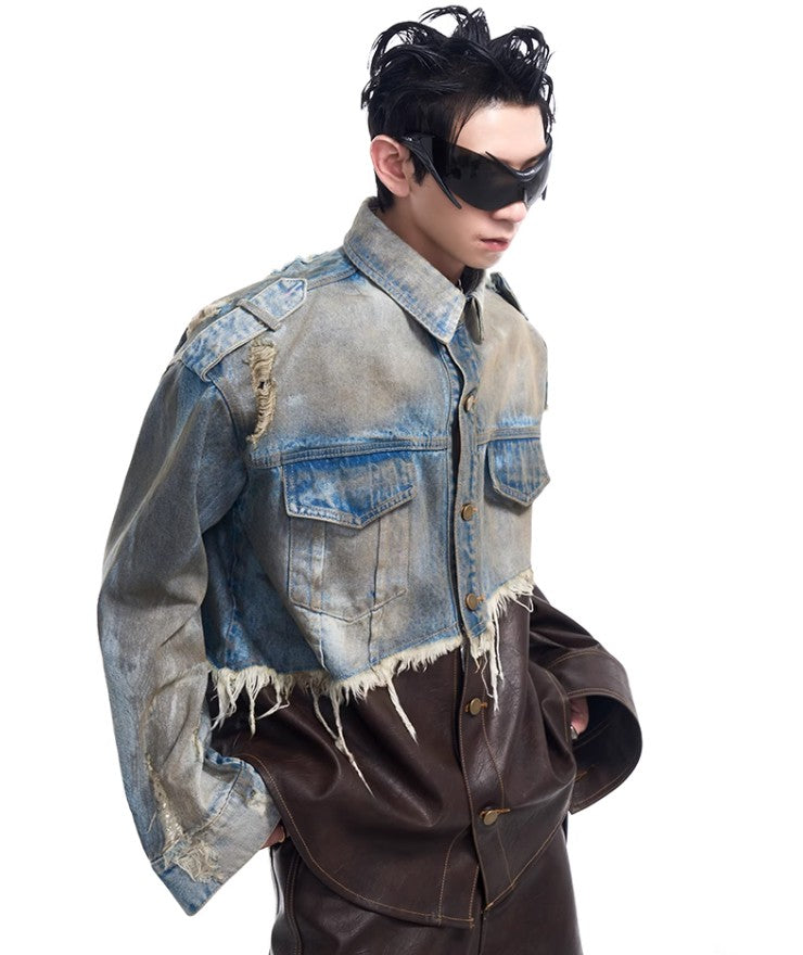 2024 American vintage do old piece-leather destruction denim jacket men fall dirty jacket