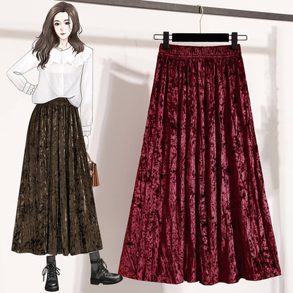 Autumn Winter Girls New A-line Velvet Skirt 2025 Plus Size Gold Velvet Half Pleated Skirt Solid Versatile High Waist Mid Skirt