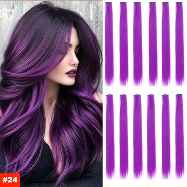 Colored Highlight 22 Inch Synthetic Hair Extensions Rainbow Long Straight Hairpieces for Women Kids Girls Purple Pink Blue