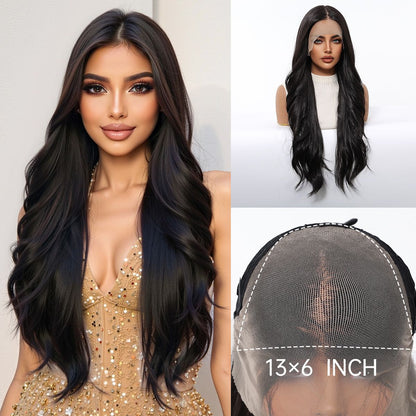 HENRY MARGU Peruca Sintética Lace Front 13x6 Peruca Longa Castanho Cinza Cabelo Ondulado Natural para Uso Diário Peruca de Fibra de Alta Temperatura