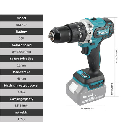 Furadeira Parafusadeira a Bateria 18V DDF487 Makita, Motor Brushless, Ferramenta Elétrica Adequada para Bateria 18V