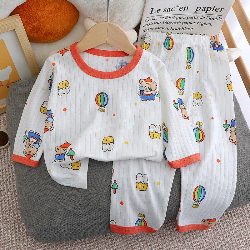 Kids Boys Girls Summer Cotton Thin Pajamas Cute Cartoon Print Long Sleeve T-shirt Tops+Pants Baby Clothing Sets
